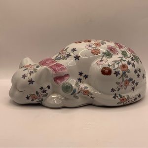 MCM Hand Painted Ceramic/Porcelain Colorful Sleeping Floral Cat/Kitten